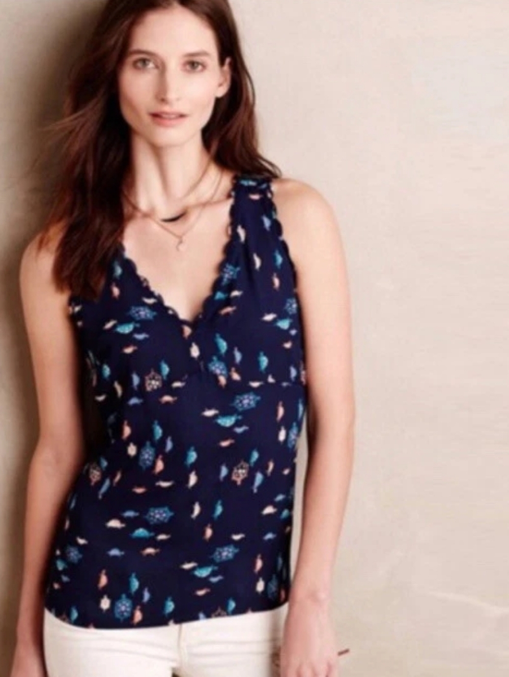 Maeve Anthropologie Navy Scalloped TankTop with Turtle Pattern